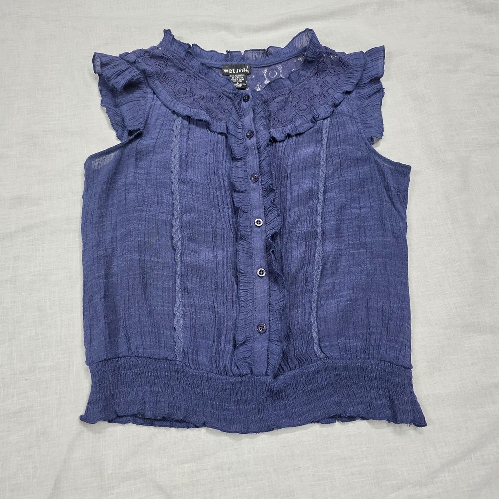 Wet Seal Y2k Sheer Blouse Large Blue Ruffle Lace Top Whimsigoth Dark Coquette